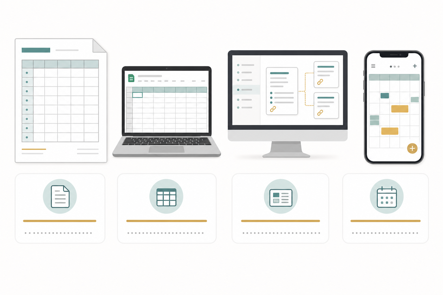 Four study planner format types shown side by side: a printed paper grid, a laptop with a spreadsheet, a desktop with a linked database layout, and a smartphone with a calendar block interface.