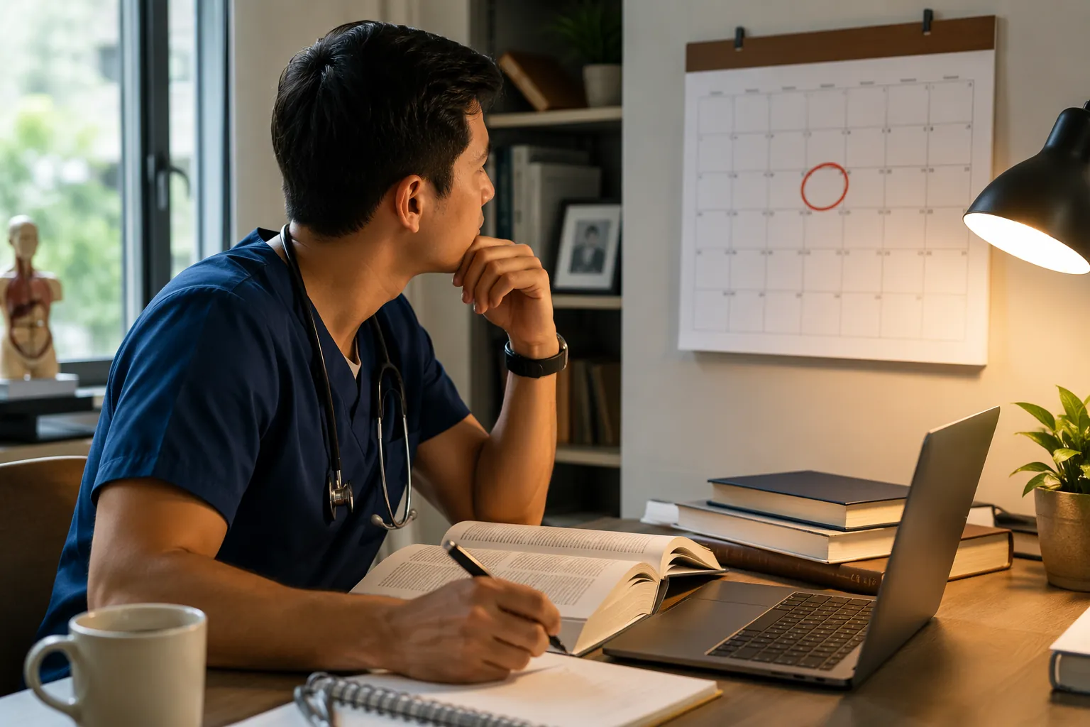 Graduate student reviewing a July 2026 calendar beside textbooks and a laptop