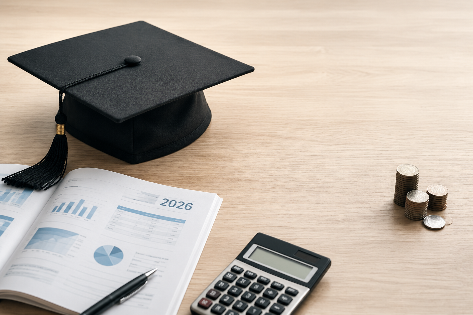 Graduate cap, 2026 financial document, calculator, and coins showing a funding gap