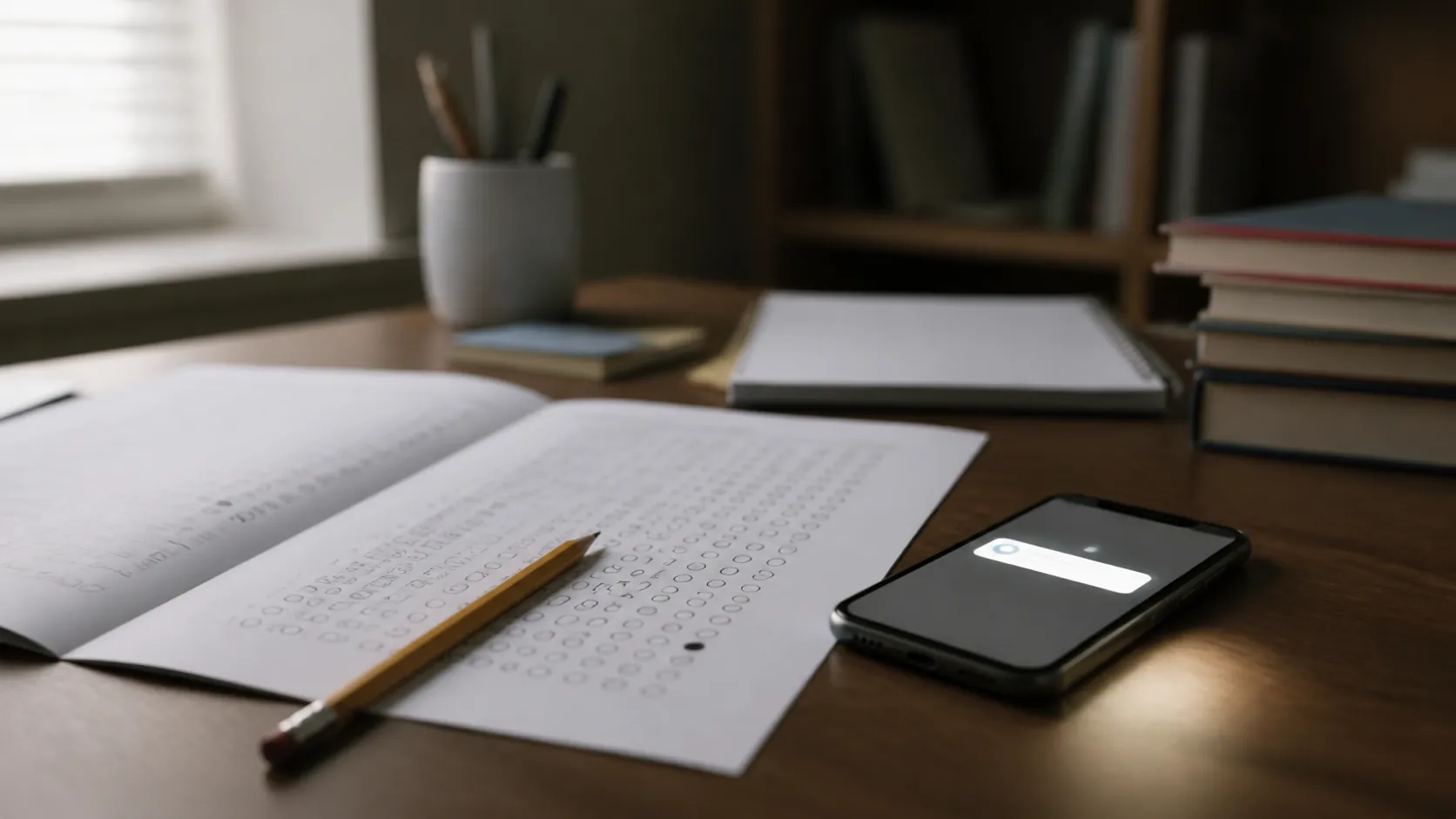 Open practice test beside a face-up smartphone on an exam-prep desk