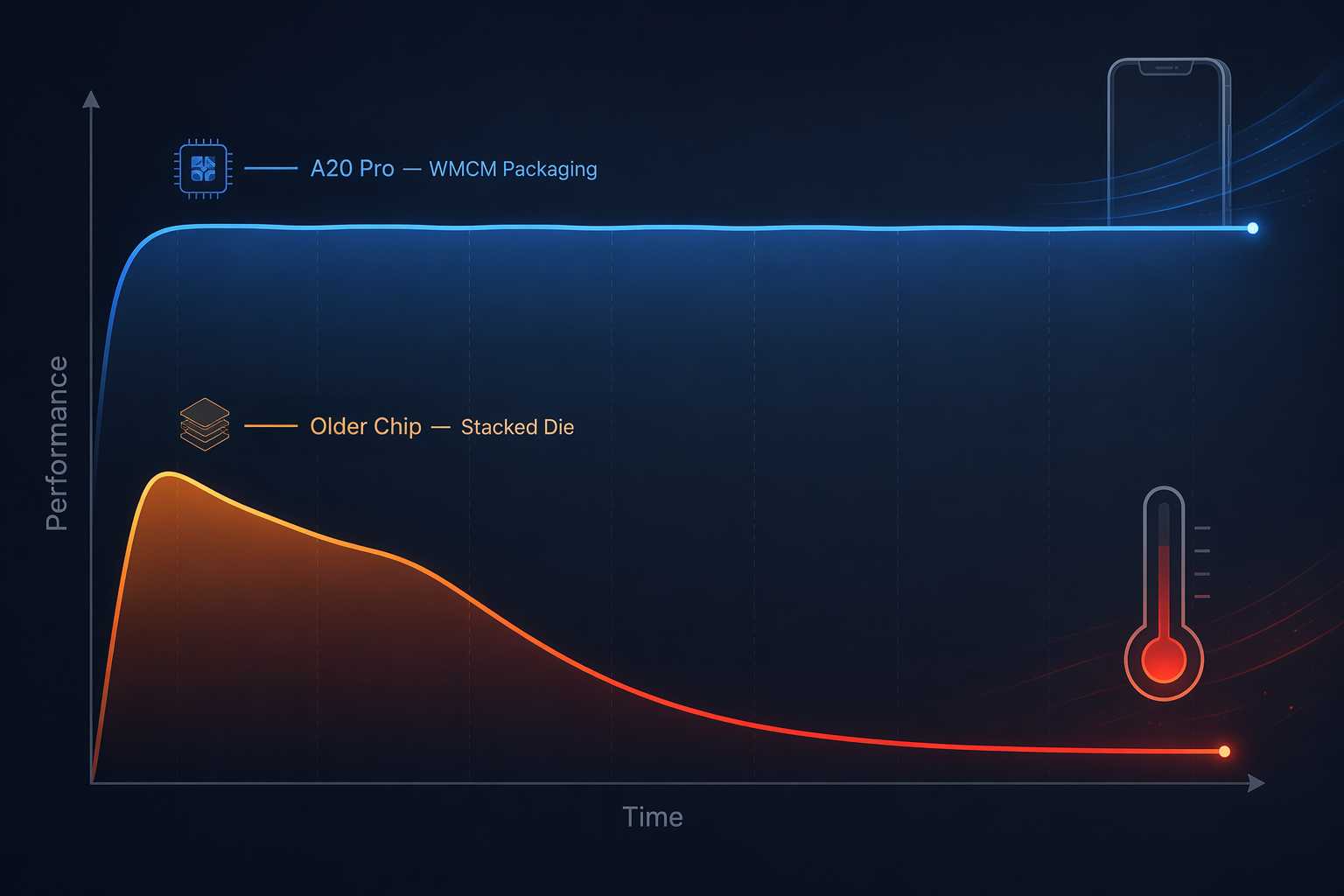 Side-by-side performance curves comparing steady sustained A20 Pro performance with thermal throttling on an older chip