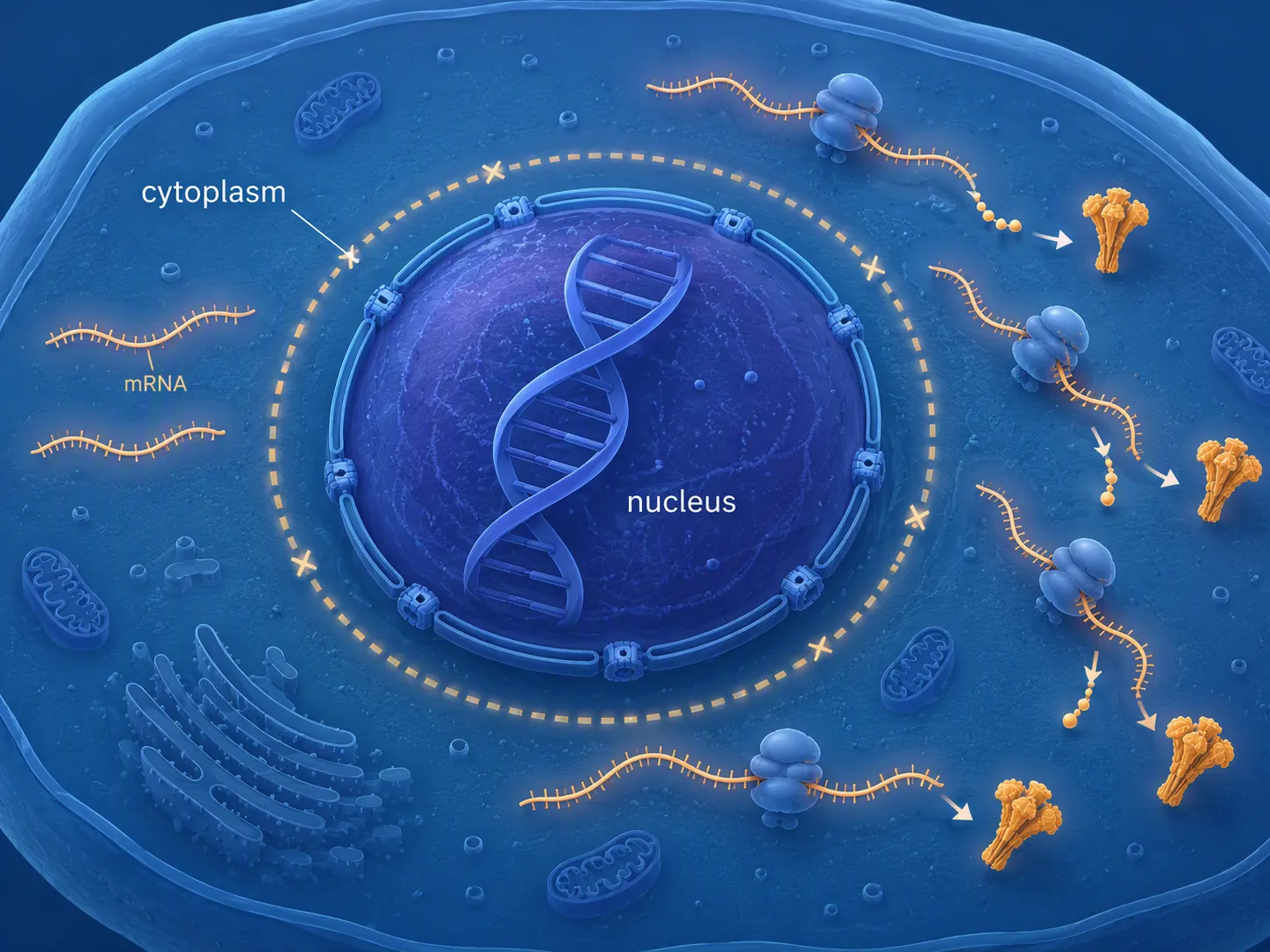Cell cross-section showing vaccine mRNA translated in the cytoplasm while nuclear DNA remains separate