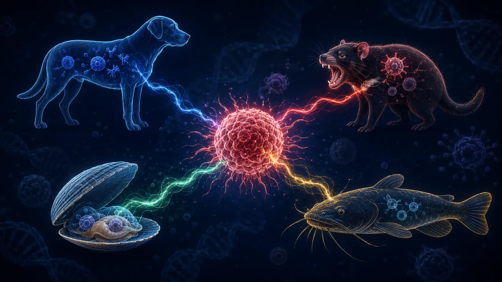 Dog, Tasmanian devil, bivalve clam, and catfish silhouettes connected to a central cancer cell