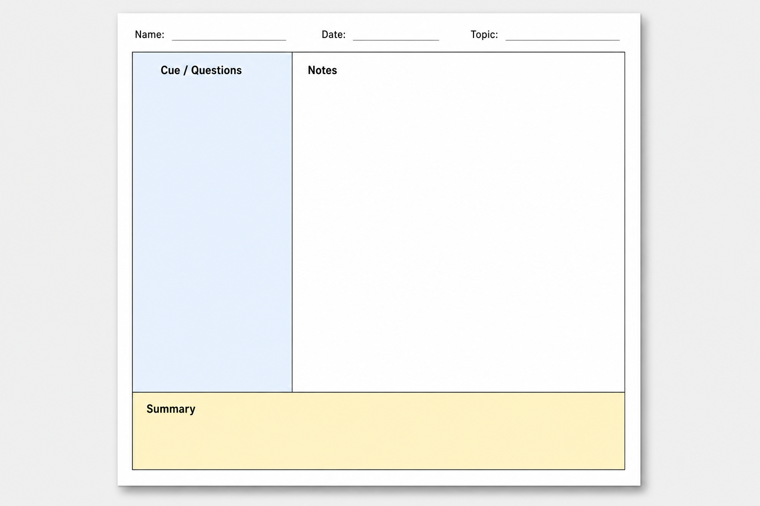 Flat-design illustration of a Cornell notes template showing the header, cue column, notes area, and summary section with color-coded zones.
