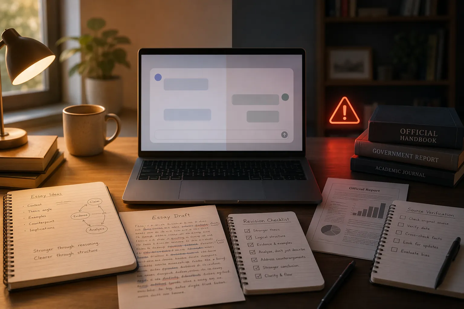 Study desk with laptop AI chat, essay draft, revision checklist, and caution lighting for fact verification
