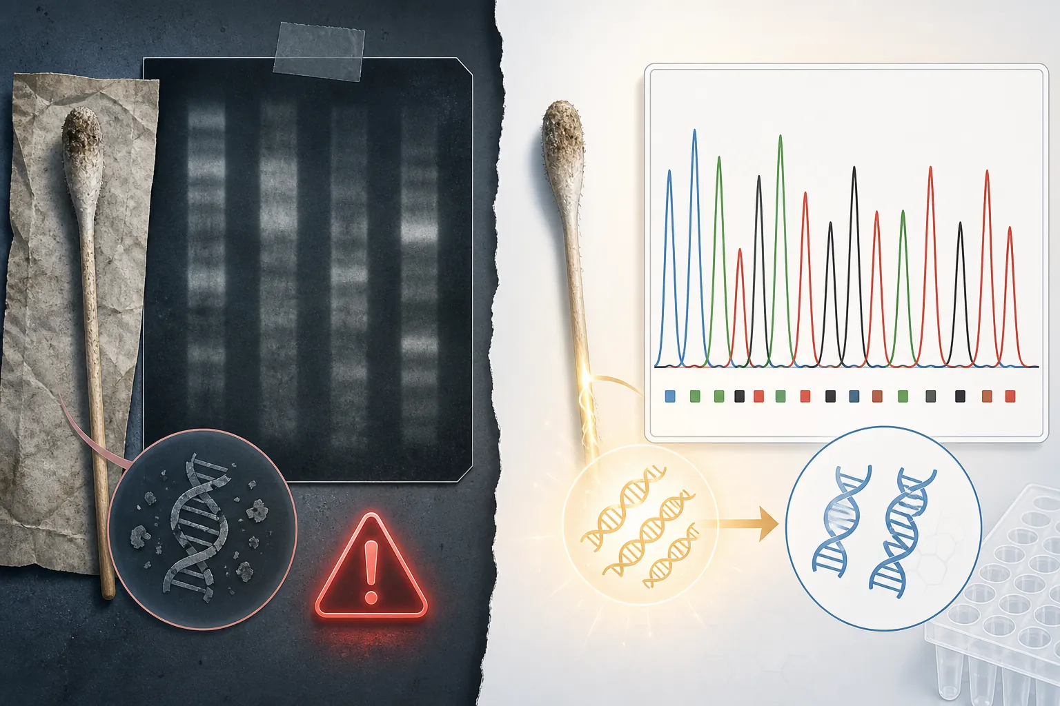 Split illustration showing a degraded forensic sample with failed RFLP bands on one side and successful PCR amplification with clear peaks on the other
