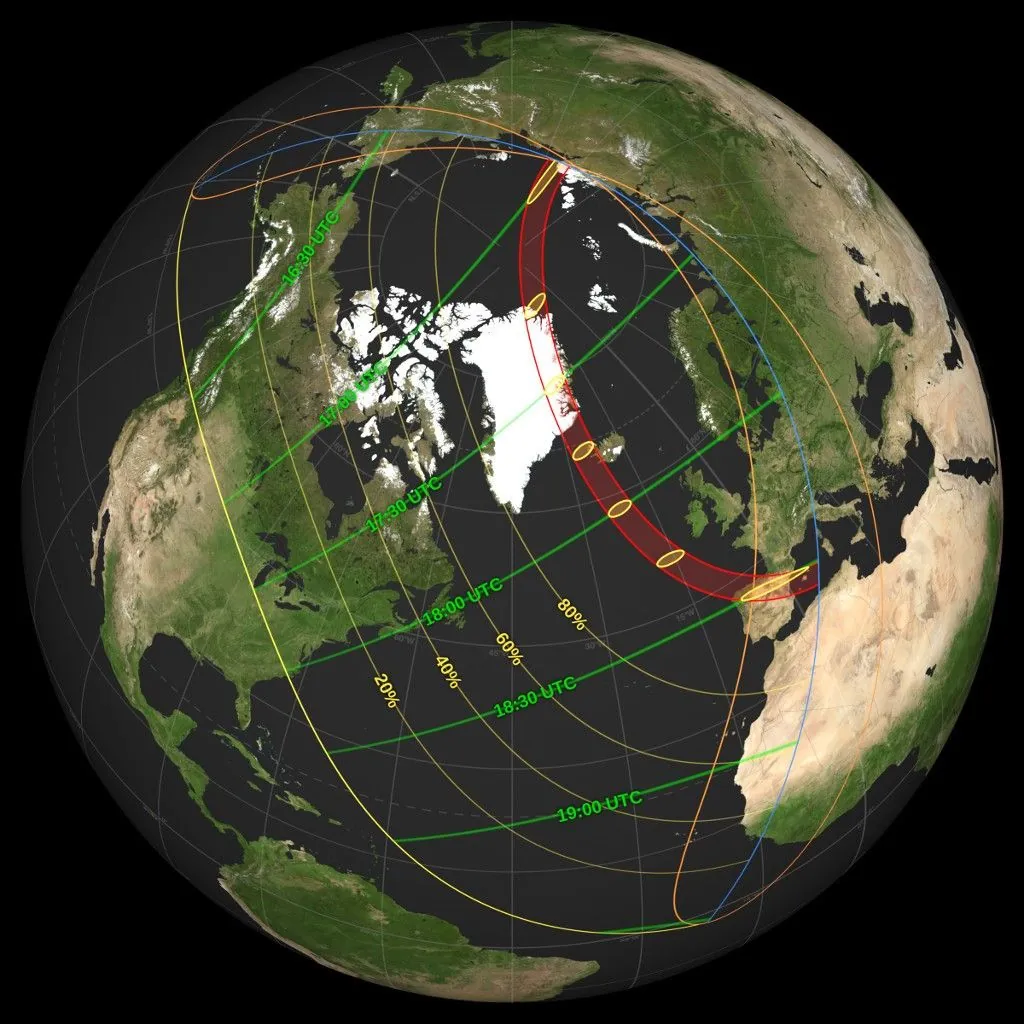 Official NASA map of the August 12, 2026 total solar eclipse path crossing Greenland, Iceland, the North Atlantic, and Spain