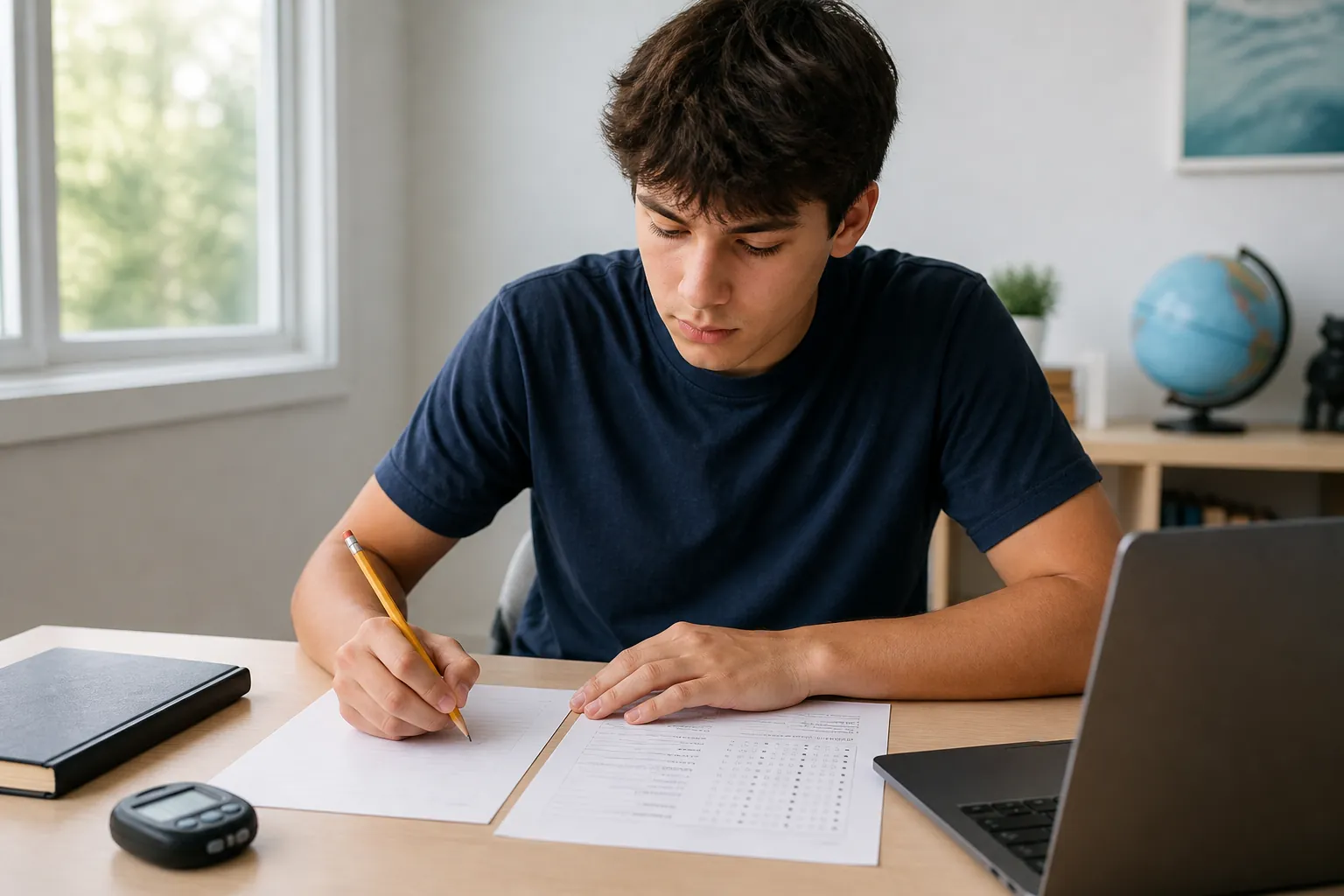 Focused high school student taking a timed practice test at a clean desk with scratch paper, timer, pencil, planner, and laptop