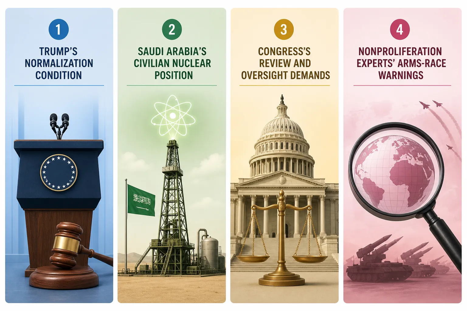 Four-panel framework showing Trump administration, Saudi Arabia, Congress, and nonproliferation experts as separate stakeholder positions