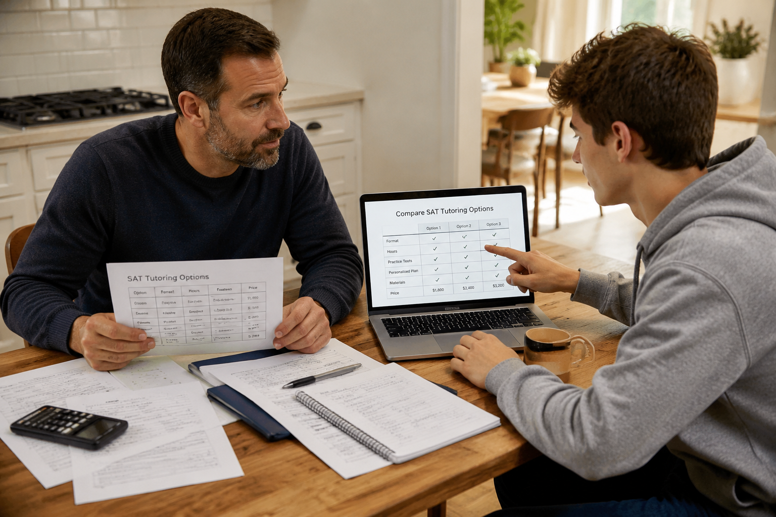 Parent and teenage student reviewing SAT tutoring options at a kitchen table