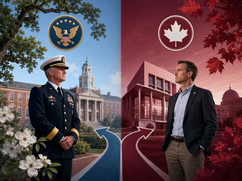 Split-screen illustration of UNC and Harvard military graduate pathways with DoD funding on one side and private funding on the other
