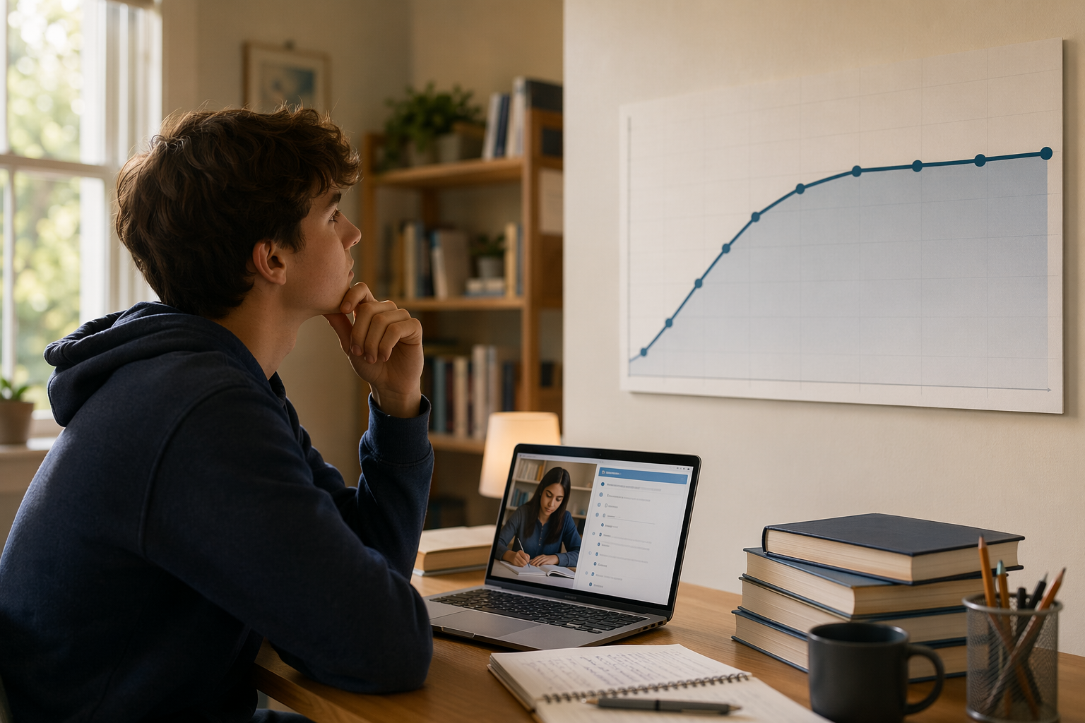 Student studying on a laptop while a score graph rises and then flattens into a plateau