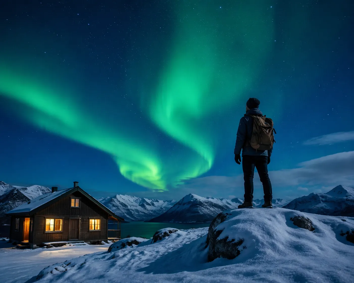 Backpacker standing in snow under bright green northern lights near a warmly lit cabin