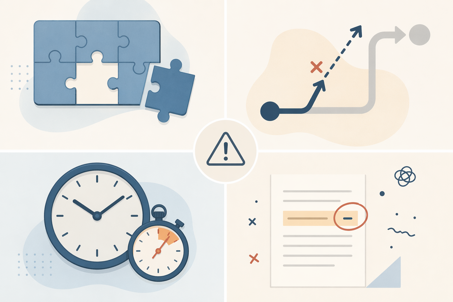 Four-quadrant illustration of SAT error types: content gaps, process errors, timing problems, and carelessness