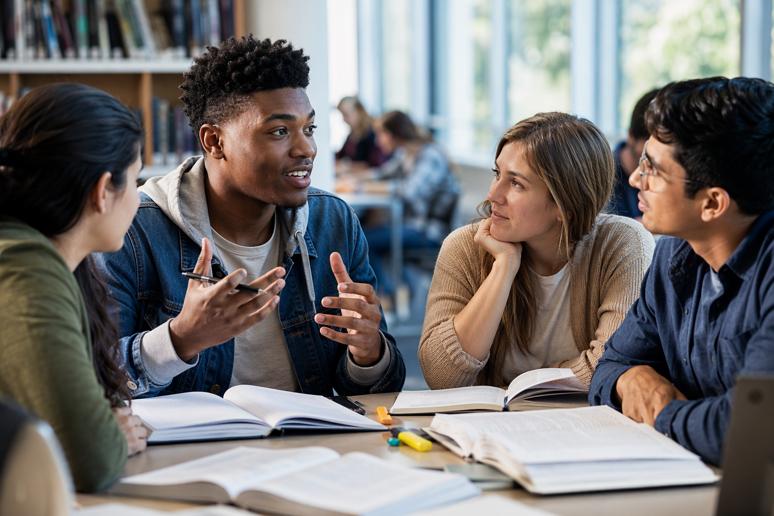 Student explaining a concept to a study group around a table in a bright classroom