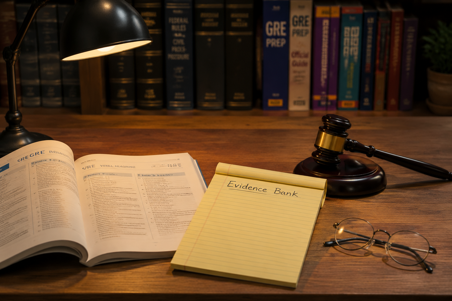 Study desk with a GRE booklet, an evidence bank notebook, a gavel, and glasses under a warm lamp