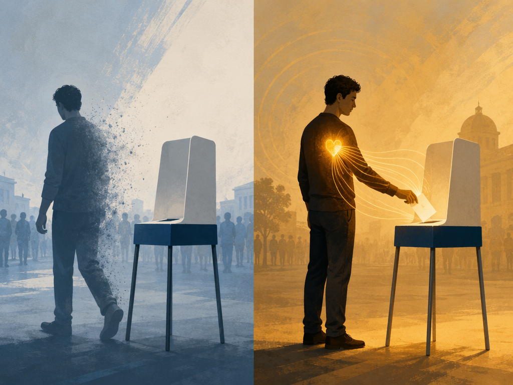 A split scene contrasting voting as a temporary action with being a voter as a stable identity.