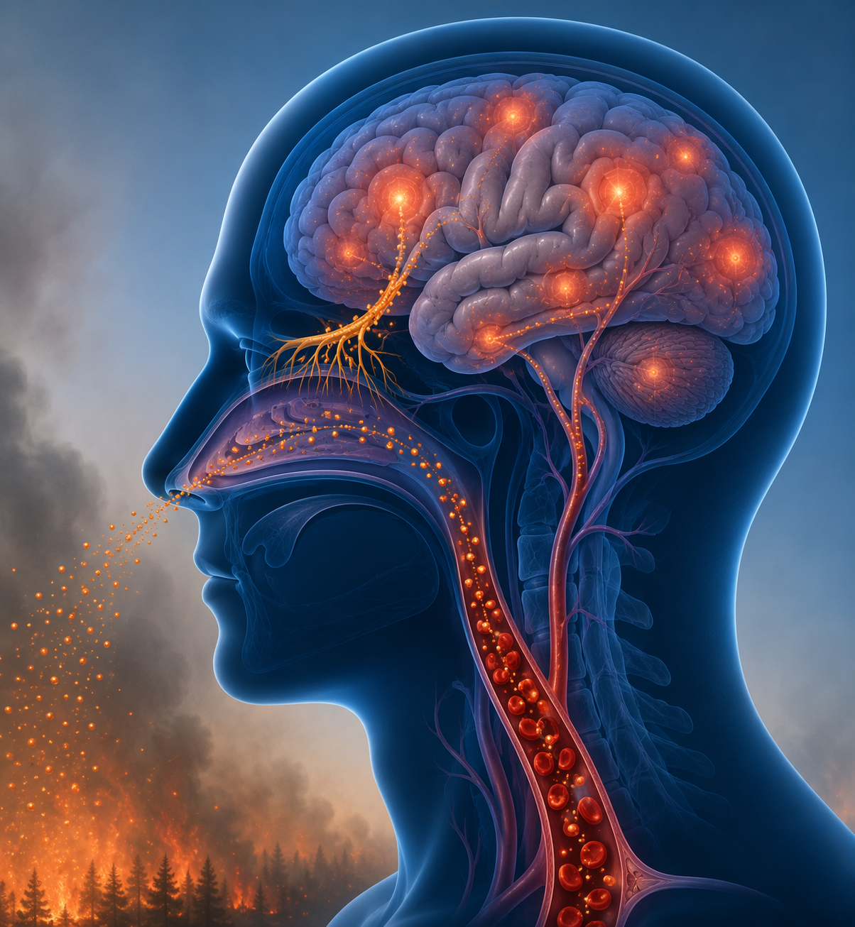 Illustration of wildfire smoke particles entering the body and affecting the brain