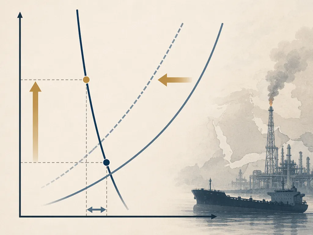 Supply and demand diagram showing an inelastic demand curve, a leftward supply shift, and a large price increase