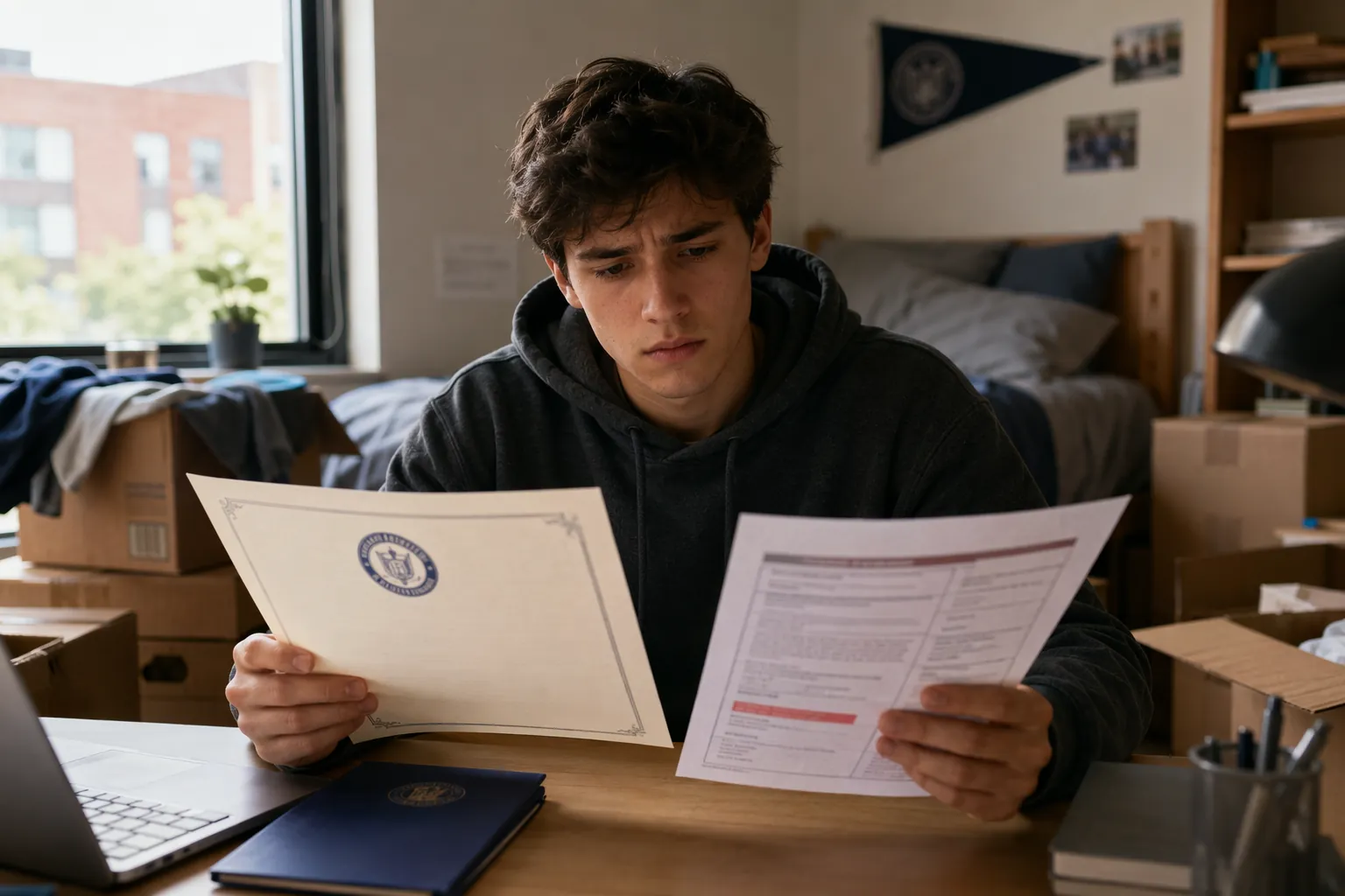 Student in a partially unpacked dorm room holding an acceptance letter while looking at a highlighted financial deadline notice