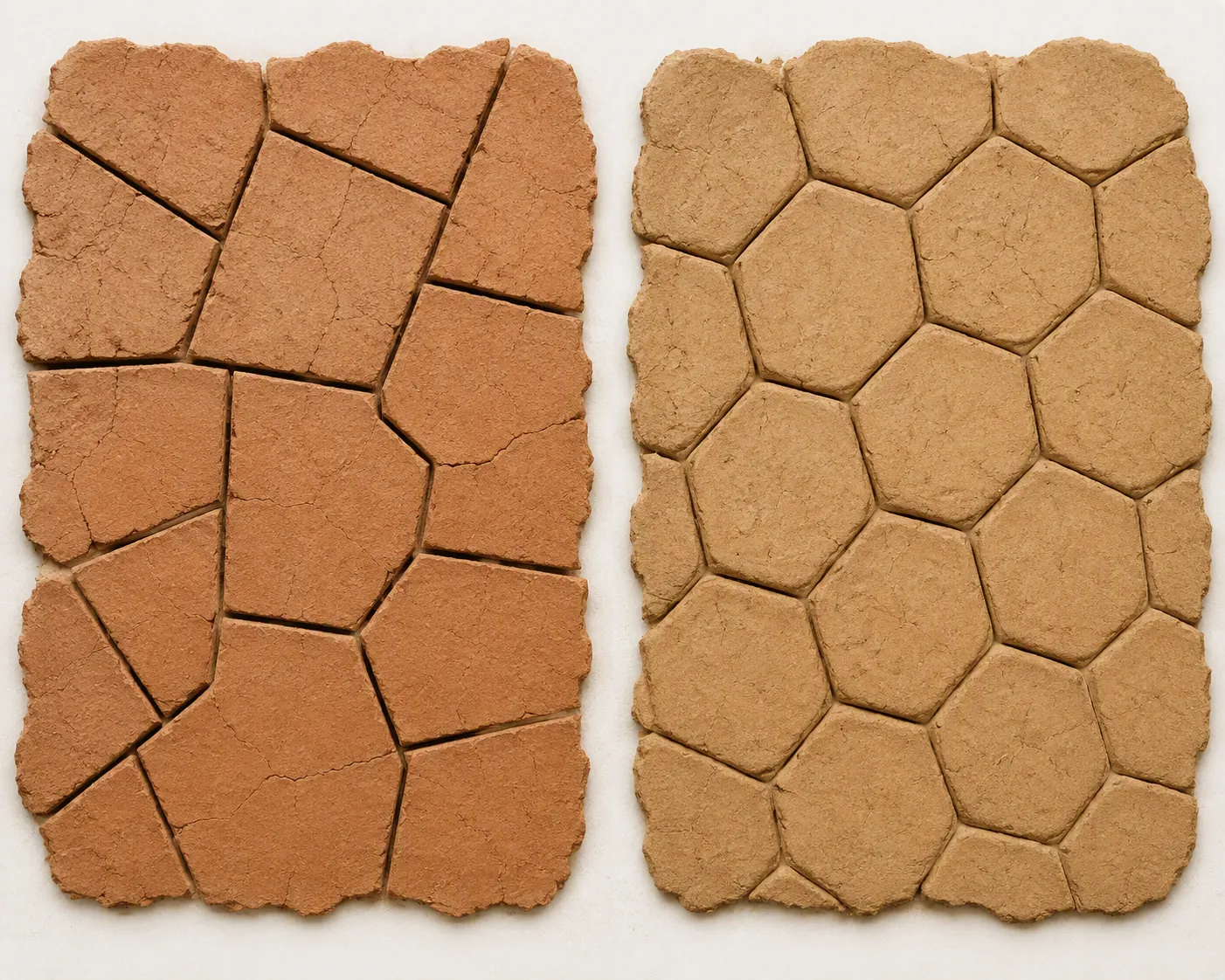 Illustration comparing T-shaped dried-mud cracks with Y-shaped hexagonal crack patterns