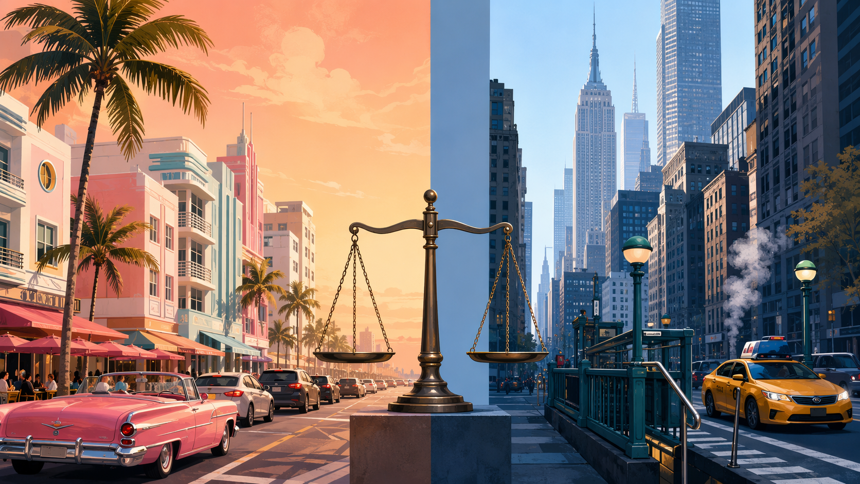Split comparison of Miami and New York City cost of living with city scenes and a balance scale