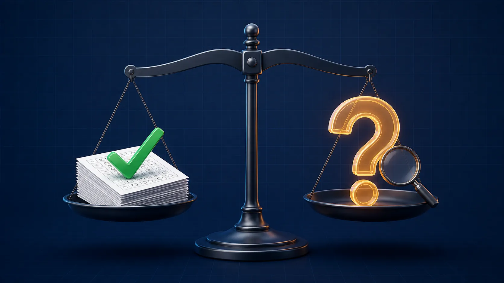 Balance scale weighing exam answer sheets with a green checkmark against a question mark and magnifying glass