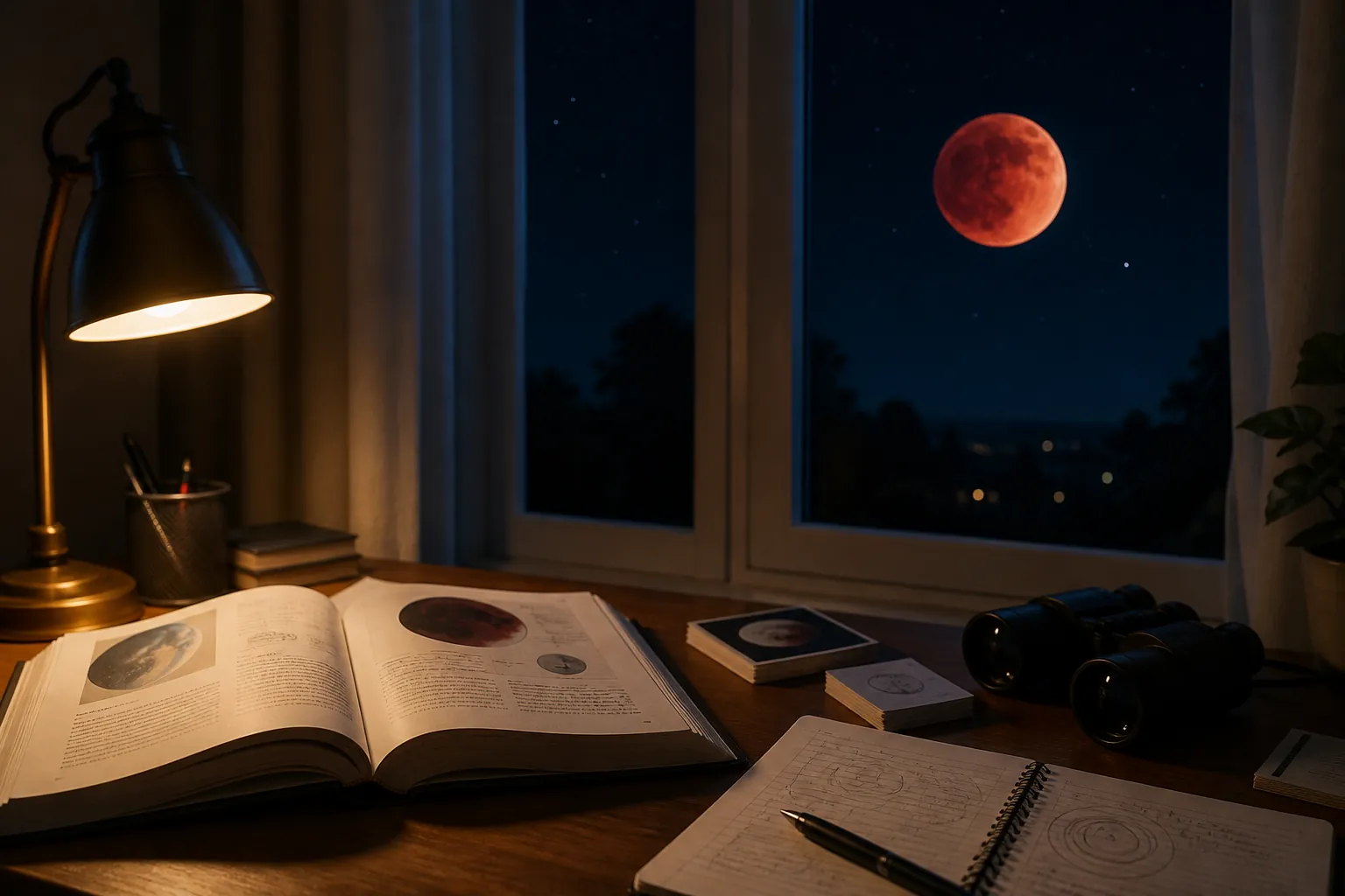 Study desk with astronomy notes, binoculars, and a red lunar eclipse visible through a window