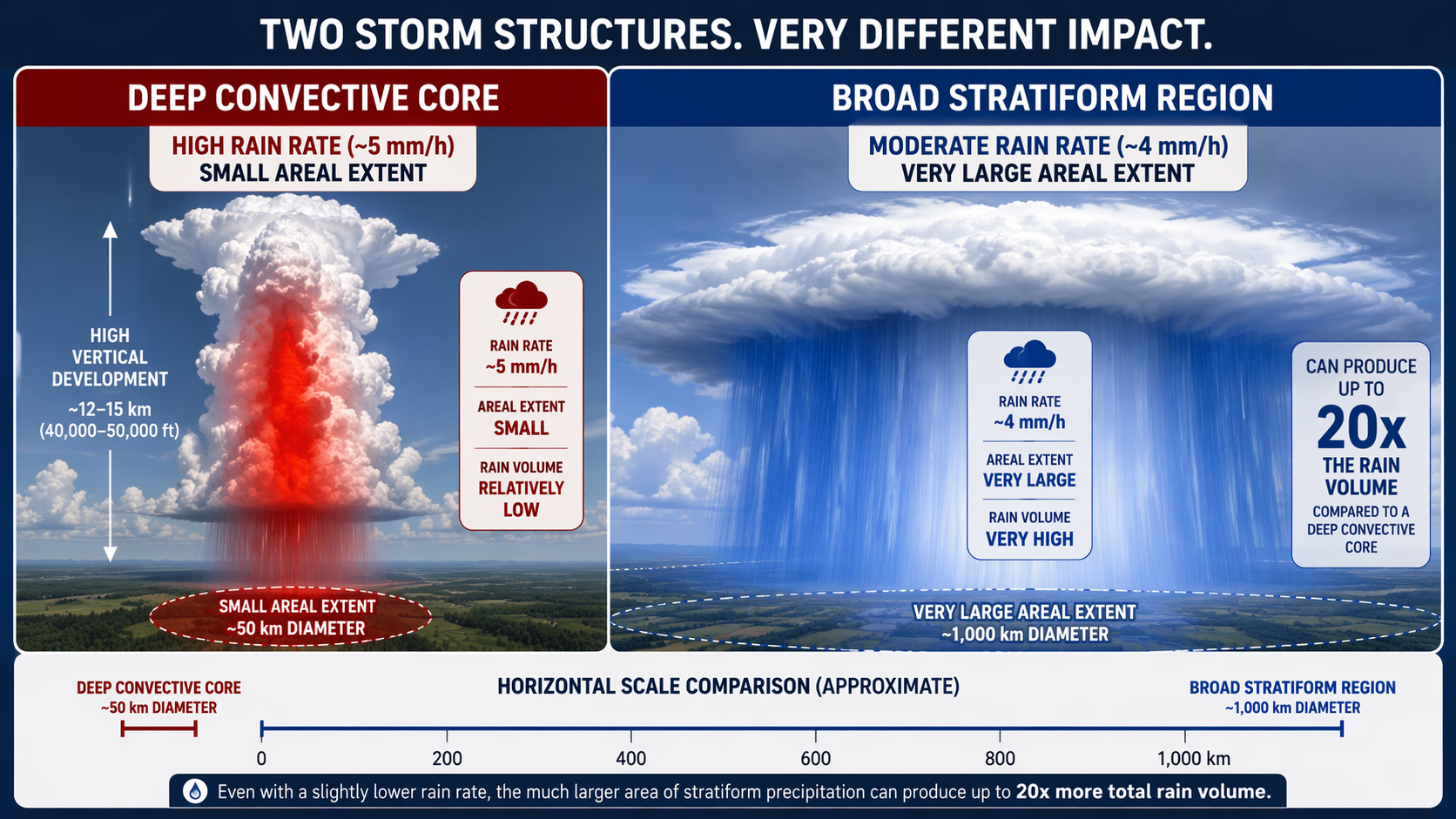 Comparison of a narrow deep convective core and a broad stratiform rain region, emphasizing the difference between high rain rate and large rain volume