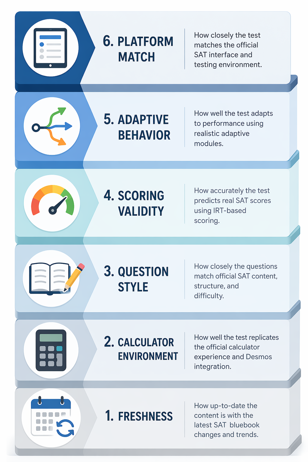 Six-layer framework for evaluating SAT practice test accuracy