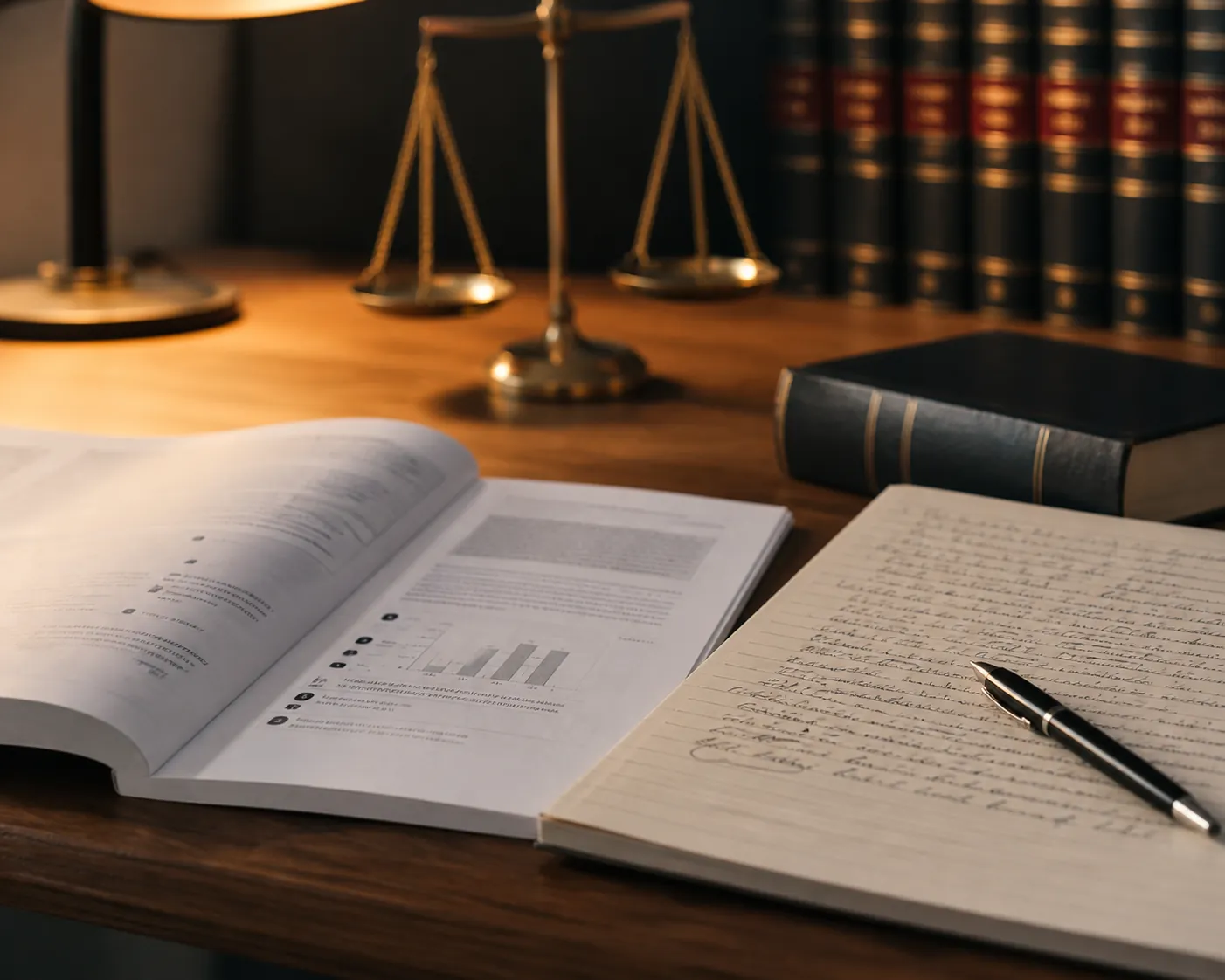 GRE practice booklet and essay draft on a desk with scales of justice and law books in the background