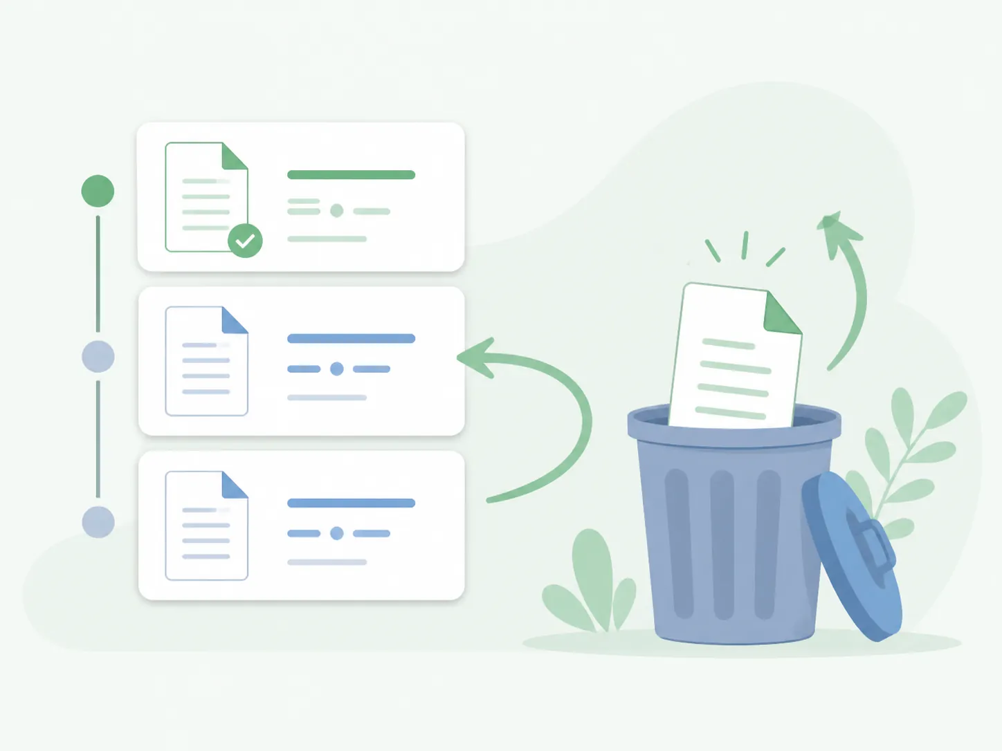 Document version timeline with an arrow returning to an earlier version and a file being restored from a waste bin