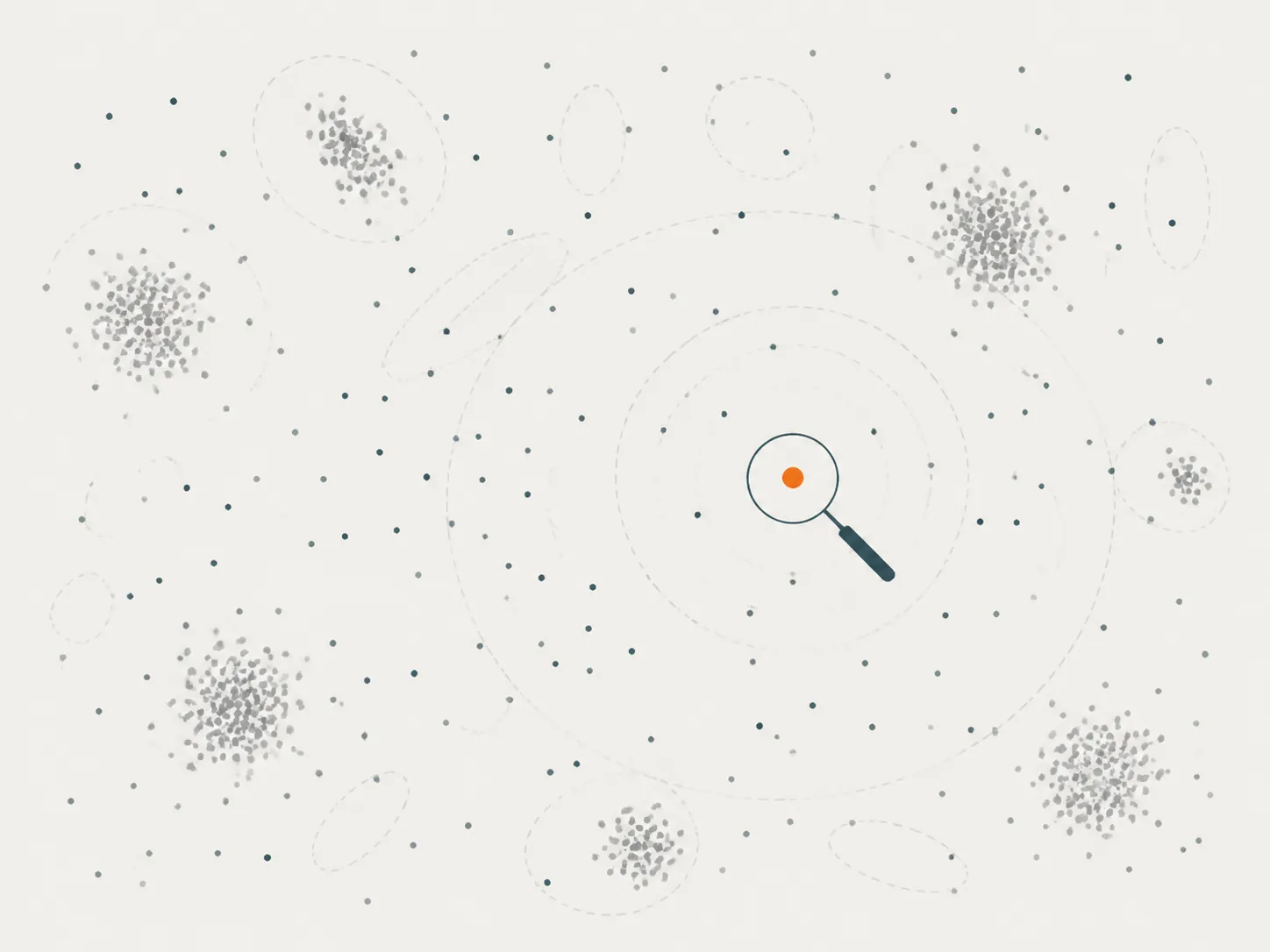 Scattered study estimates with one highlighted point inside a magnifying glass