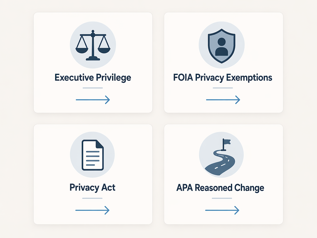 Diagram of four reusable legal framework cards for executive privilege, FOIA privacy exemptions, Privacy Act, and APA reasoned change