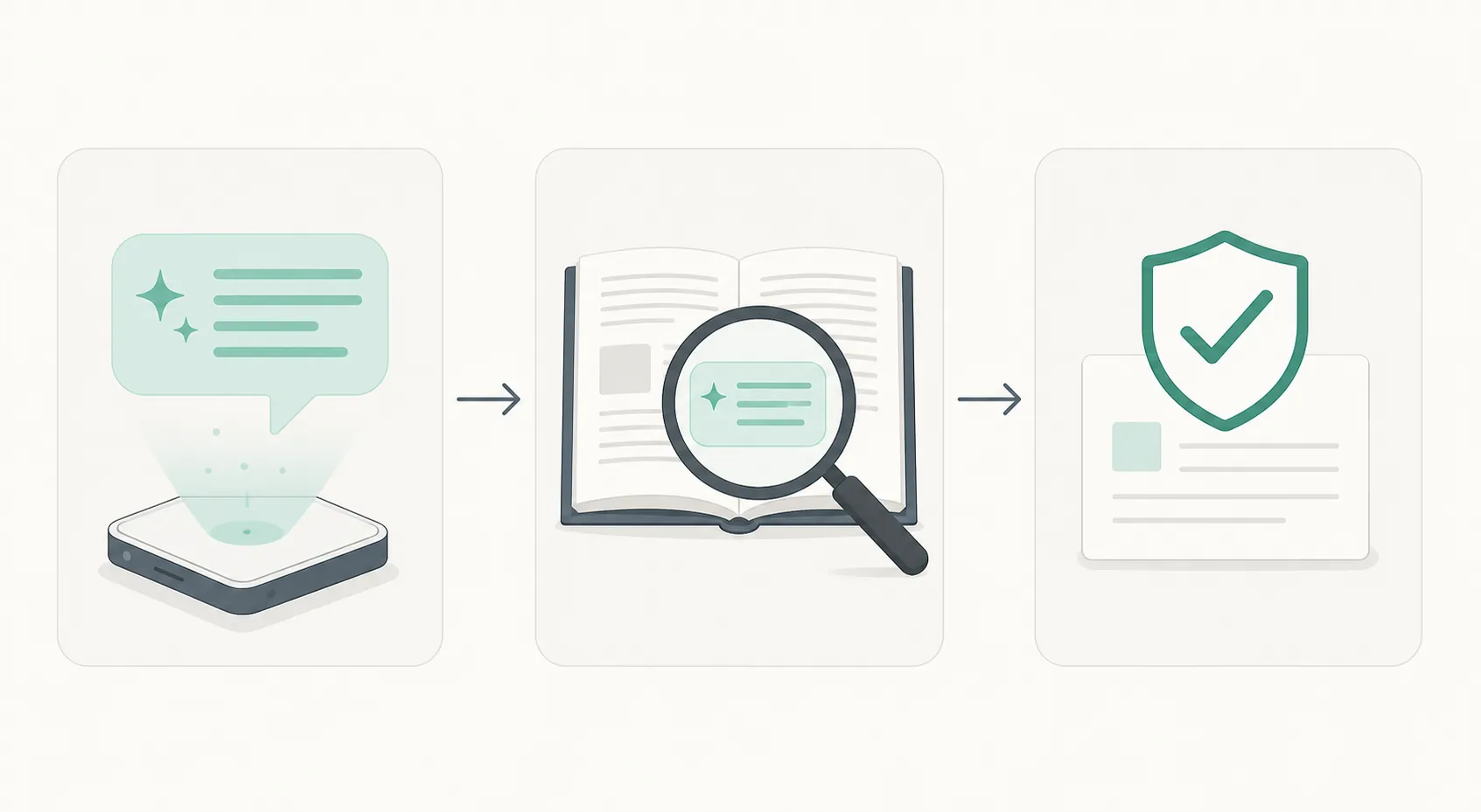 Three-step verification process showing an AI answer checked against official practice material before being trusted