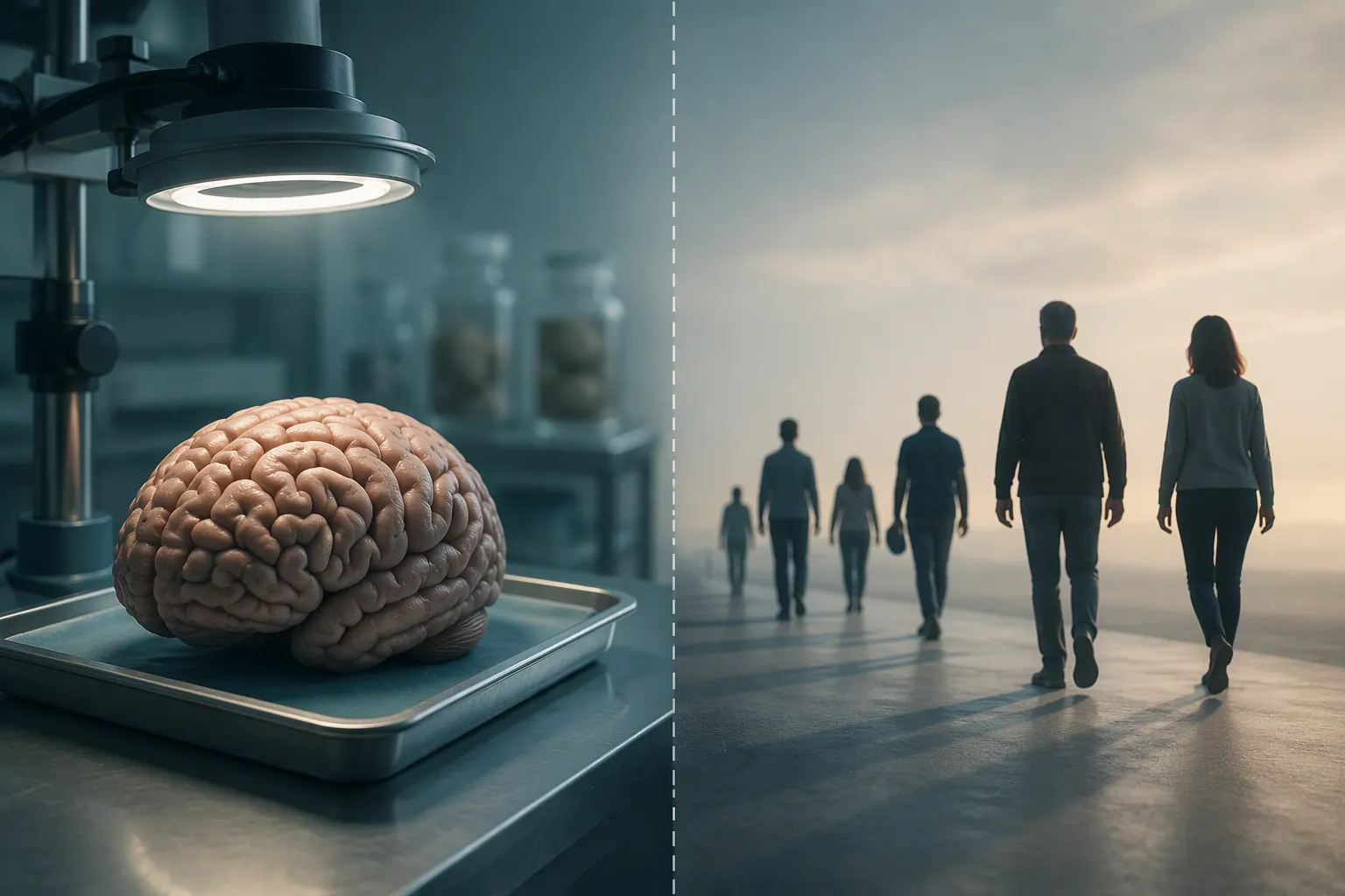 A laboratory brain specimen separated from silhouettes of living people to show the autopsy-only diagnostic boundary