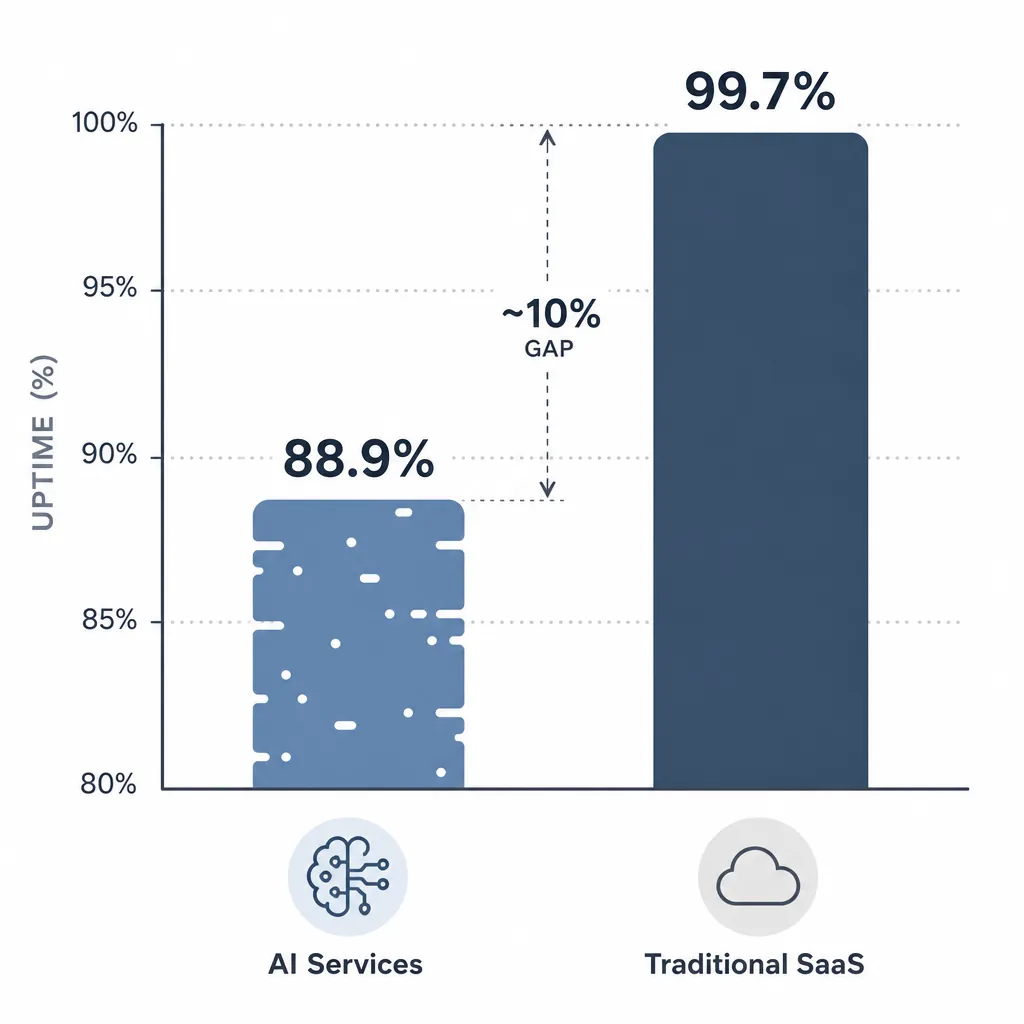 Comparison chart showing AI services at 88.9% uptime and traditional SaaS at 99.7% uptime
