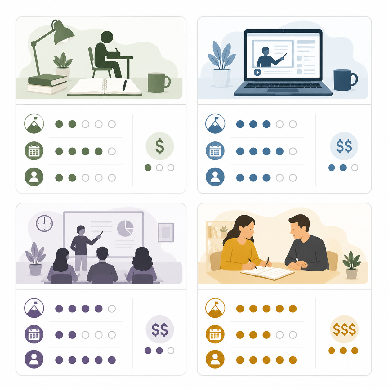 Decision matrix comparing self-study, online SAT courses, in-person SAT classes, and private tutoring by cost, flexibility, motivation, and accountability