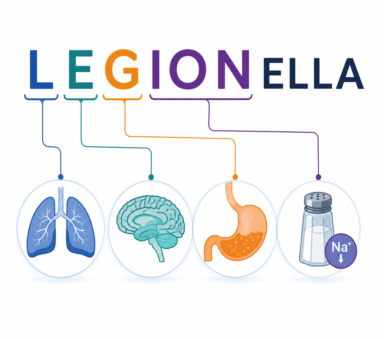 LEGIONELLA mnemonic showing lungs, brain, stomach, and salt shaker associations