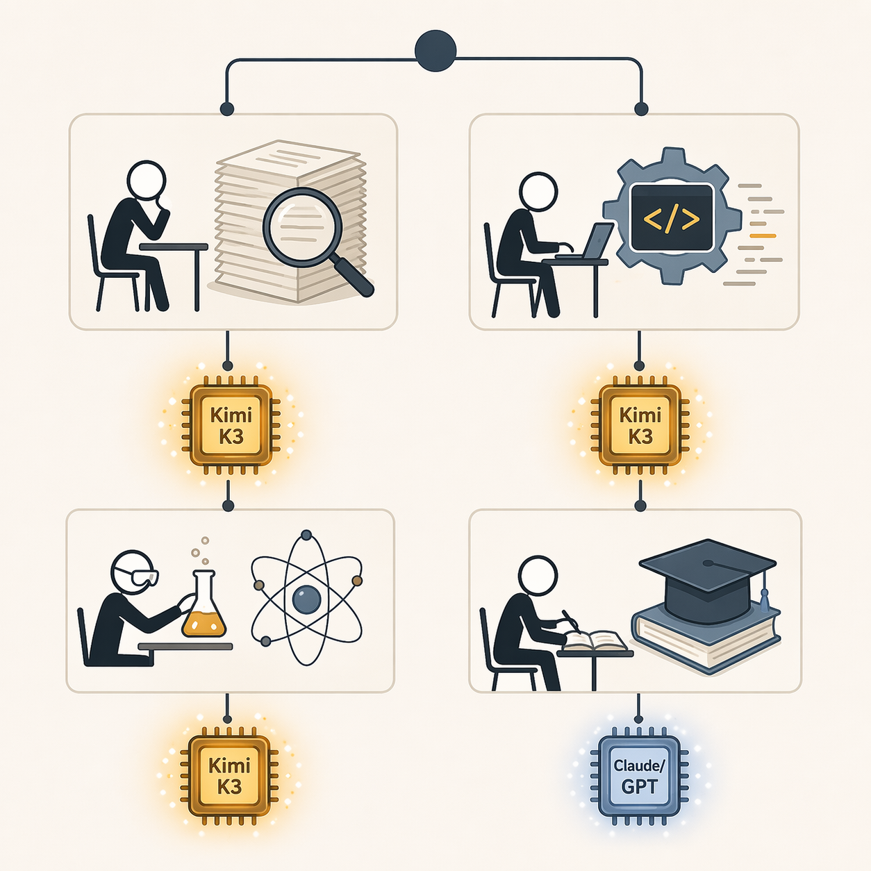 Decision grid for choosing an AI model by research, coding, STEM, or general study scenario