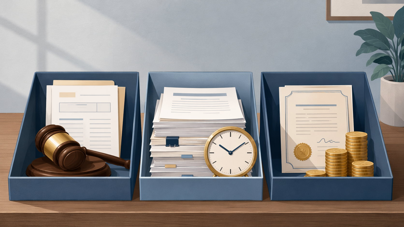 Three tabletop compartments showing filing fees, attorney fees, and appeal bonds