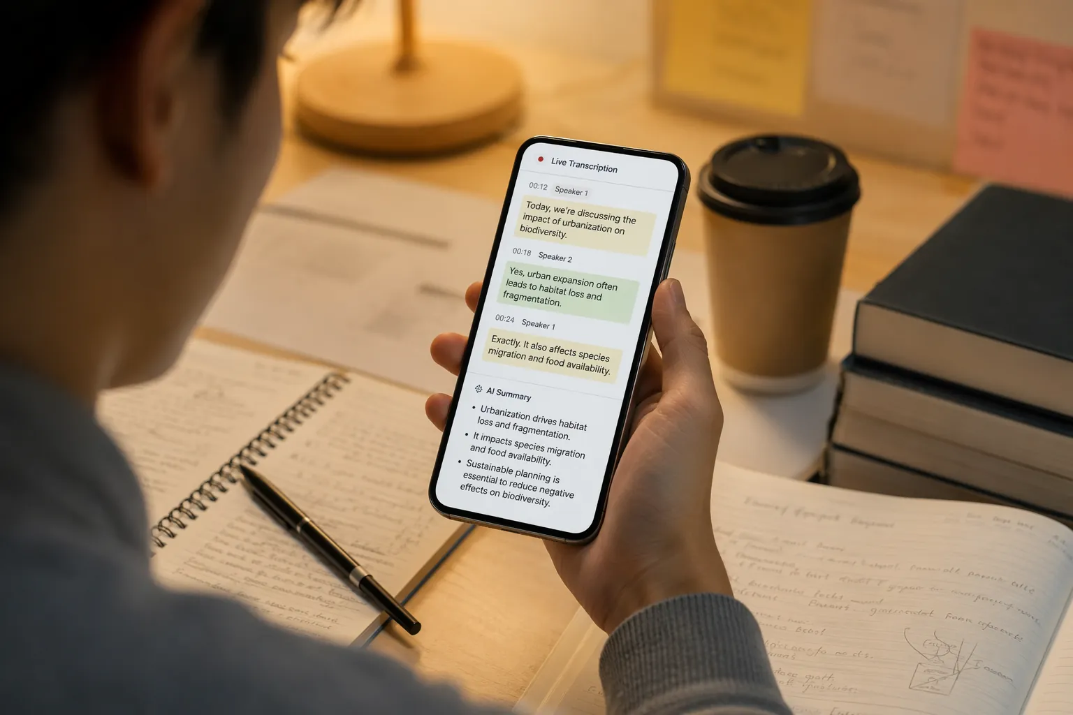 Student using a smartphone for live AI transcription and summarization while studying at a desk
