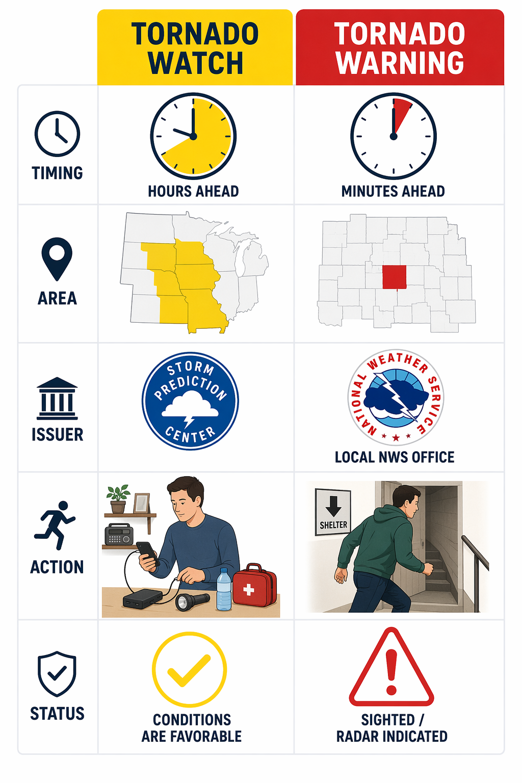 Side-by-side comparison of tornado watch and tornado warning by timing, area, issuer, action, and status