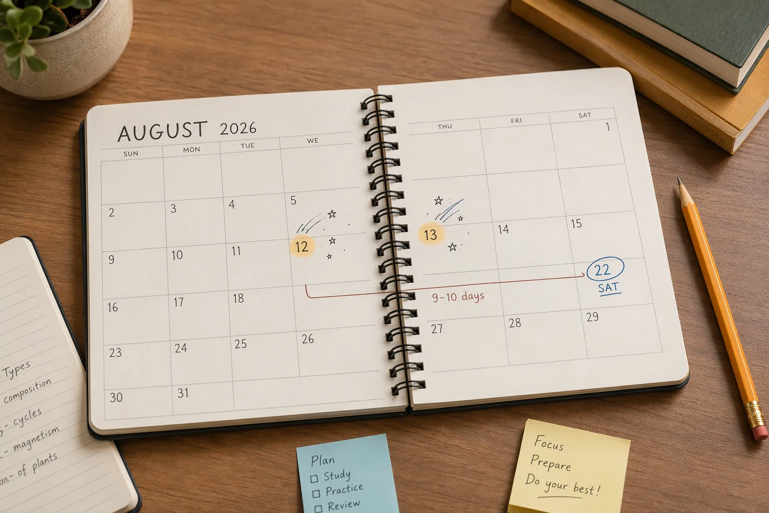 August 2026 calendar with August 12 and 13 marked for the Perseids and August 22 marked for the SAT