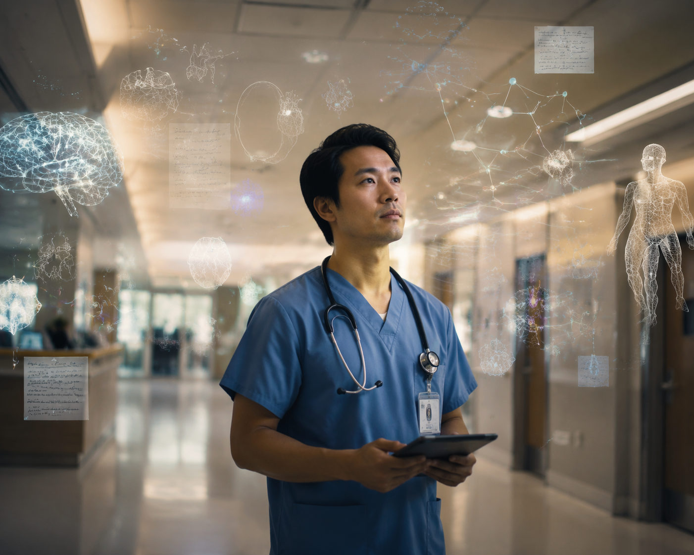 A doctor in a hospital corridor surrounded by neural pathway diagrams and medical notes.