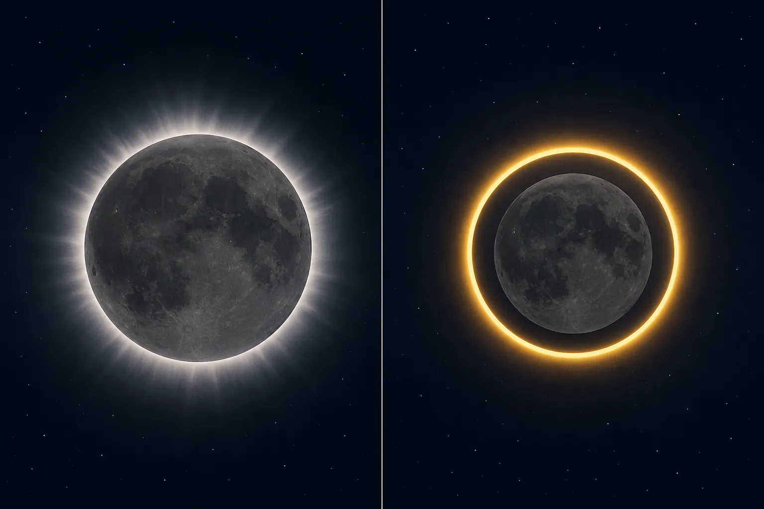 Comparison of total eclipse geometry and annular eclipse geometry showing a fully covered Sun versus a ring of sunlight