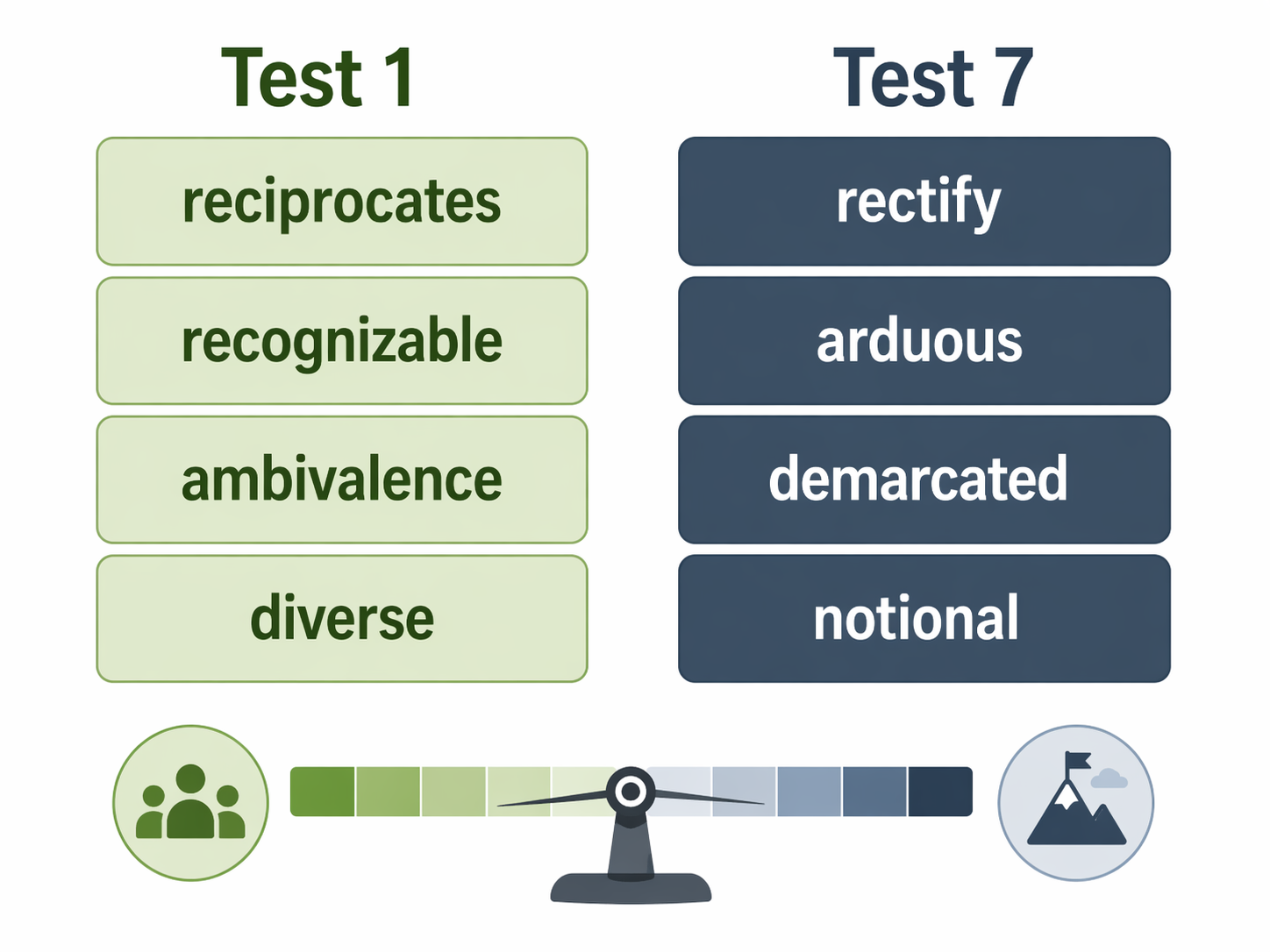 A comparison of Test 1 and Test 7 vocabulary words showing Test 7 words as less common