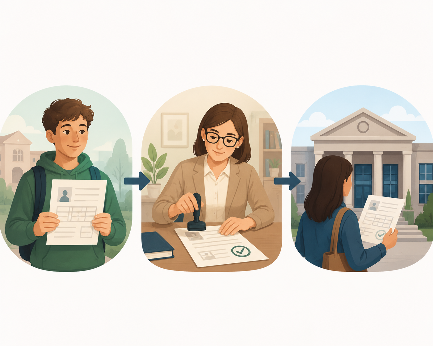 Illustration of a student, school official, and Social Security office connected in a three-step certification flow