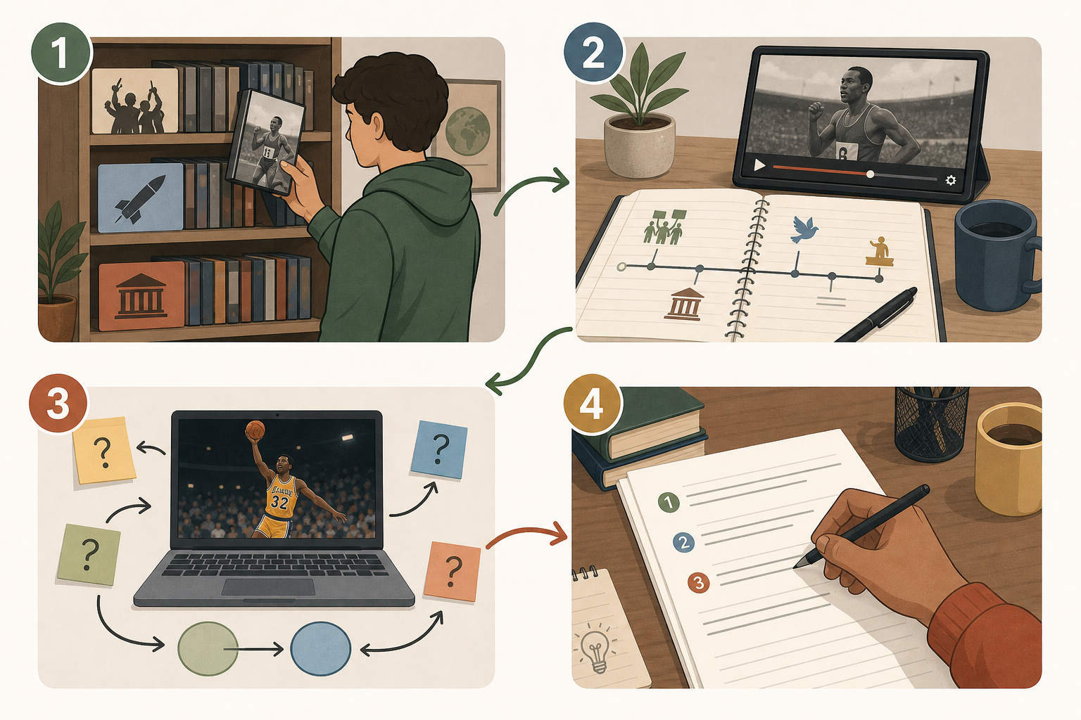 Four-step study workflow for selecting a sports documentary, drawing a timeline, annotating cause and effect, and writing practice exam questions