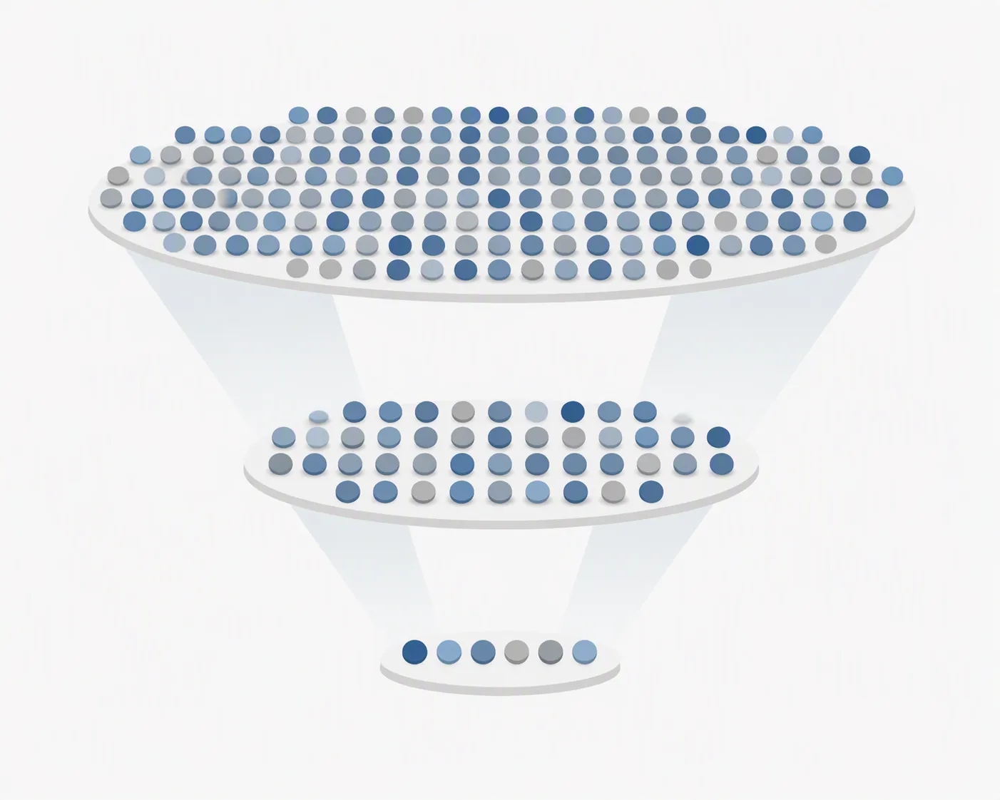 Rows of dots narrowing like a funnel from a large population to a smaller studied sample